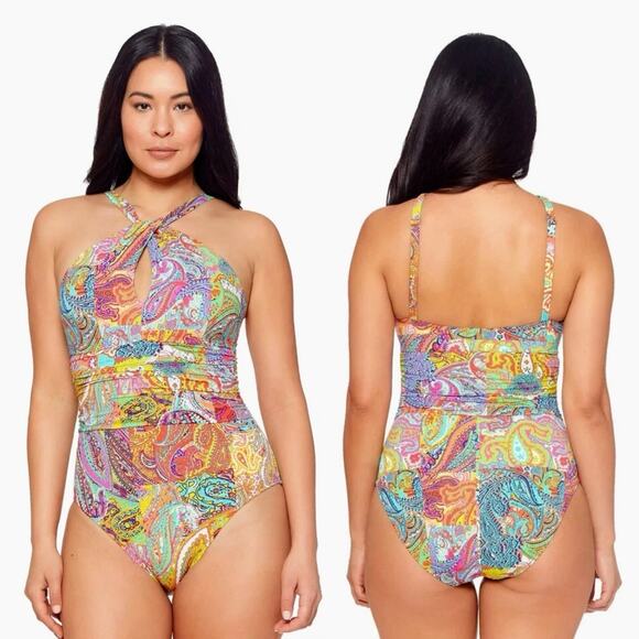 Bleu Rod Beattie One Piece Swimsuit SIZE 8 Bohemian Paisley High Neck Keyhole - Picture 1 of 5